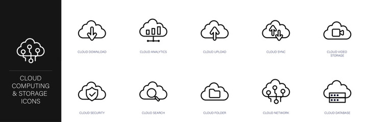 Cloud Computing and Storage Line Icon Set