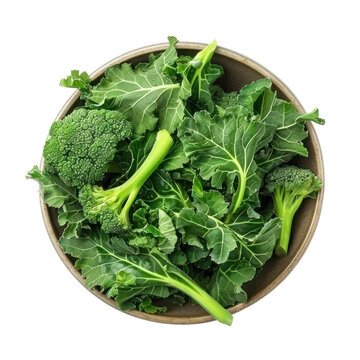 Broccoli Raab in a bowl top view isolate on transparency background