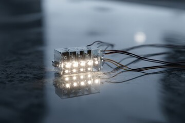 Modern LED lighting device with connecting wires reflecting on a sleek surface in soft lighting