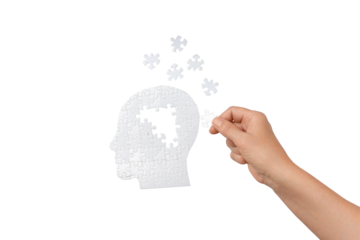 Hand solving a head-shaped puzzle, isolated on white, PNG