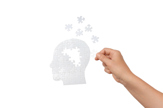 Hand solving a head-shaped puzzle, isolated on white, PNG