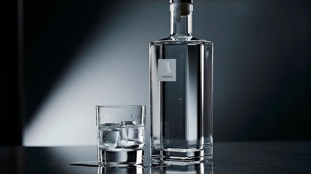A square glass vodka bottle stands next to a tumbler of vodka and ice with a dark background