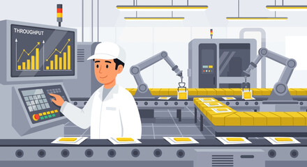 Automated food factory with robotic arms, worker, and production data display