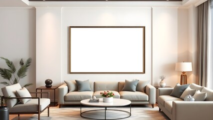 Modern Living Room with Beige Sofa, Symmetrical Decor, and Natural Light
