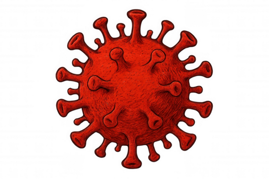 Red virus illustration hand-drawn on transparent backdrop, representing worldwide health emergency and pandemic impact