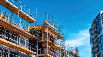 Construction site showcasing scaffolding and building progress under a clear blue sky with urban backdrop