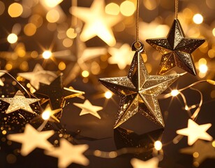 Sparkling gold stars hang against a bokeh background of warm lights, creating a festive and magical scene.