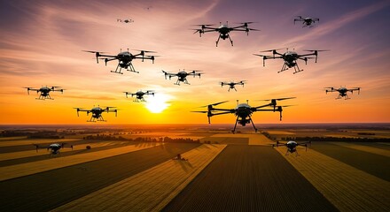 Drone Fleet Over Agricultural Fields at Sunset.