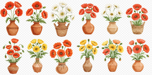 A collection of watercolor illustrations of red, white, and yellow poppy bouquets in rustic clay vases.