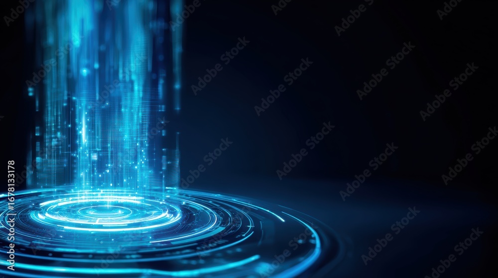 Wall mural futuristic digital interface with glowing blue lines and particles creating a dynamic holographic ef