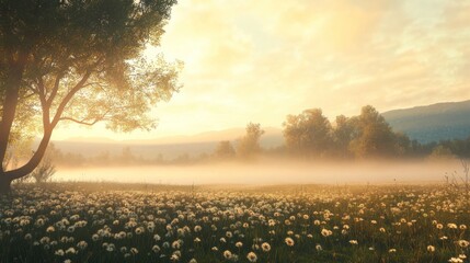 A lone tree stands tall amidst a field of dandelions bathed in the soft light of sunrise.