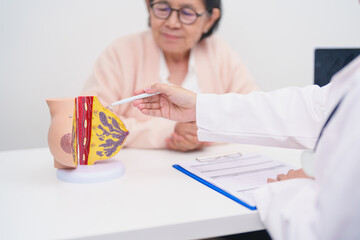Elderly woman Patient consultation with doctor for Breast Augmentation Surgery, October Breast Cancer Awareness month, implant, Diagnosis, Beauty woman enlargement and medical healthcare concept
