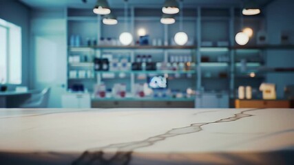 Empty Marble Counter in Modern Retail Store with Blue and White Decor