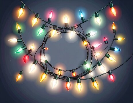 A festive string of colorful illuminated Christmas lights, glowing brightly against a dark background. - Powered by Adobe