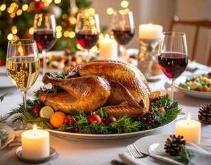 A roasted turkey centerpiece on a festive holiday dinner table with wine and glowing candles.
