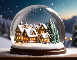 A close-up of a glass snow globe containing an illuminated miniature winter village with falling snow.
