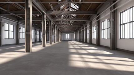 Obraz premium Spacious industrial warehouse interior showcasing high ceilings, large windows, and natural light