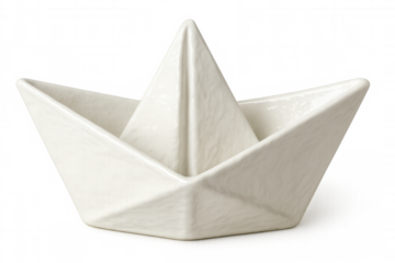White ceramic origami paper boat isolated on transparent background, representing adventure, travel, and creativity
