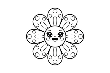 Cute Flower Cartoon with Smiling Face and Circle Petal Designs, Black and White Line Art for Coloring Books and Educational Resources