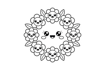 Cute Kawaii Flower Circle with Central Smiling Face: Printable Coloring Page, Kids Activity, Nature Theme, Outlined Illustration, Cartoon Style, Black and White Art
