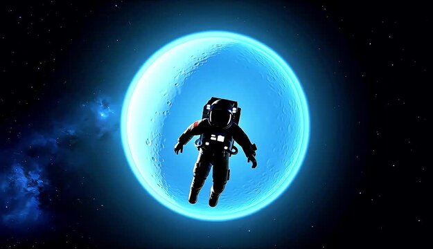 Astronaut Floating in Outer Space in Front of Glowing Blue Moon with Deep Space Background