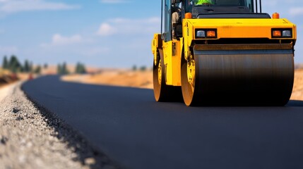 Yellow road roller compacting asphalt on a newly paved road in a rural landscape with blue sky