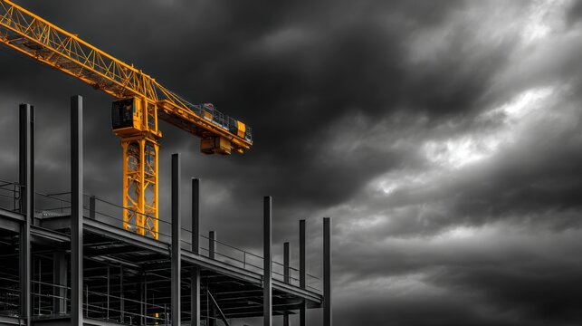 Yellow construction crane towering over a building site under dark, stormy skies, signaling impending rain