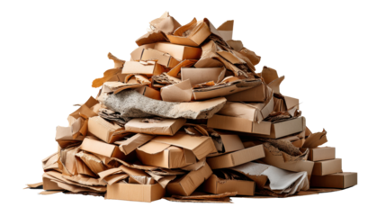 Cardboard Pile: An image of a messy heap of discarded cardboard boxes showcases the concept of recycling, waste, and environmental awareness