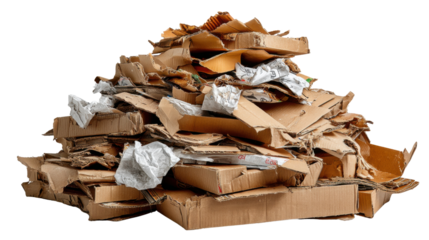 Pile of Discarded Cardboard: A jumbled heap of used cardboard, presenting a textural study of waste management, material reuse, and resource conservation.