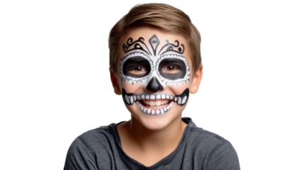 Dia De Los Muertos Celebration: A child radiates joy, his face artfully transformed into a captivating skull design, embodying the vibrant spirit of the Day of the Dead.