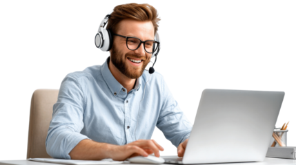 Customer Support Expert: A professional man with headset and eyeglasses, demonstrating exceptional customer service, skillfully uses his laptop, symbolizing accessibility and attentiveness. 
