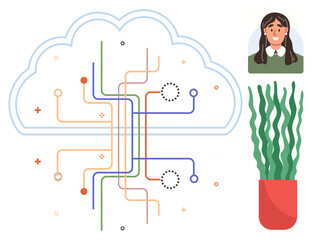 Cloud outline with colorful digital circuits, user avatar, and potted plant. Ideal for technology, cloud storage, networking, online communication, hybrid work, digital innovation simple flat