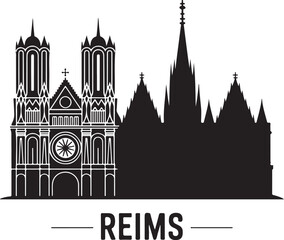 Fototapeta premium Reims skyline line art vector illustration in modern city design, black silhouette on white background