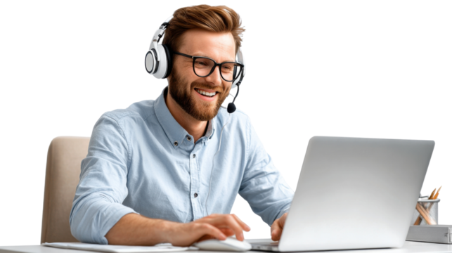 Customer Support Expert: A professional man with headset and eyeglasses, demonstrating exceptional customer service, skillfully uses his laptop, symbolizing accessibility and attentiveness.