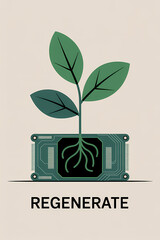 Regenerate: Leafy Plant Emerging from Circuit Board in Minimal Flat Art