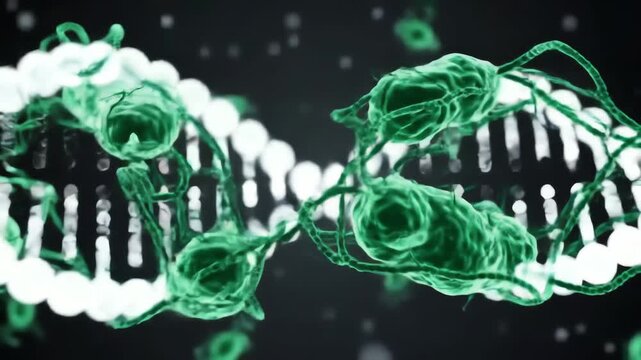 a cell dividing, DNA strands replicating with flawless symmetry as glowing proteins snap into place like living machinery