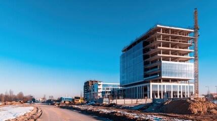 Fototapeta premium Modern construction site featuring a partially built office building under a clear blue sky