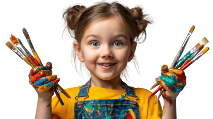 Artistic little hands: A joyful young girl with bright eyes beams with glee, her hands and clothing adorned with vibrant paint splatters.