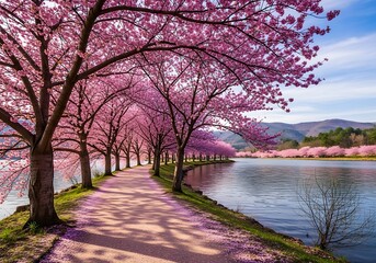 Pink Cherry Blossoms Line a Lakeside Path in Spring.