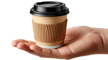 Hand holding hot coffee cup: A close-up of a hand holding a disposable coffee cup, offering a sense of warmth and comfort. Ideal for themes related to food, beverages, and lifestyle.