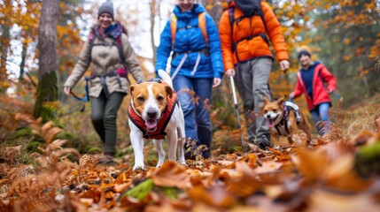 Happy Family & Dogs Hiking in Autumn Forest. Vibrant Fall Leaves on Path, Outdoor Adventure, Active Lifestyle.