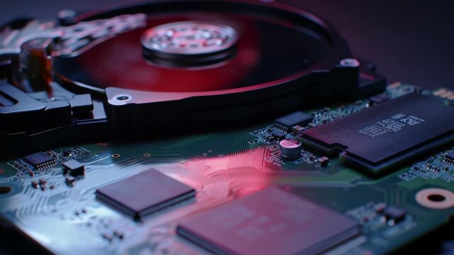 Close Up of a Hard Drive and Circuit Board with Red Lighting