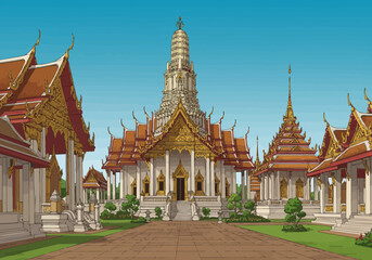 Fototapeta premium A digital illustration depicts a Thai temple complex under a clear blue sky