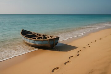 Solitude on a tropical shore with an abandoned dory boat and footprints in the golden sand