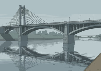 Obraz premium A pixel art depiction of a gray bridge spanning a body of water with city skyline backdrop