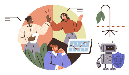 Team members brainstorming and celebrating with charts, declining plant, robotic AI with shield. Ideal for teamwork, innovation, environmental care, future tech, problem-solving, progress and AI