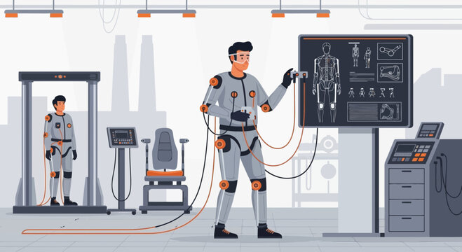 Advanced biomechanical testing: Engineers analyzing human performance using exoskeletons