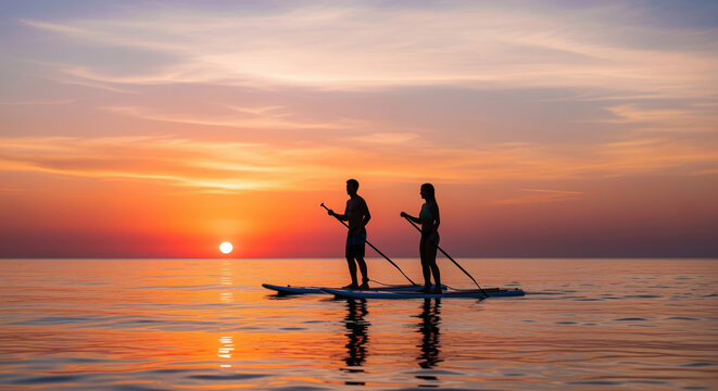 A silhouette couple enjoying a serene paddleboarding adventure on the tranquil ocean waters, bathed in the breathtaking hues of a vibrant sunset.