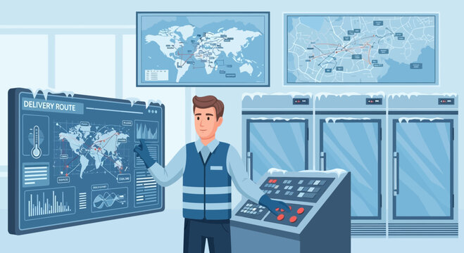 Global logistics control center monitoring temperature-sensitive shipments efficiently
