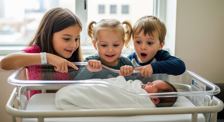 Three excited siblings, two girls and a boy, meet their newborn baby brother for the first time in a hospital bassinet, filled with wonder.